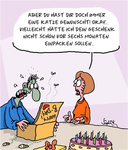 Cartoon: Herzlichen Glückwunsch! (medium) by Karsten Schley tagged geburtstag,ehe,liebe,familie,männer,frauen,geschenke,tiere,katzen,geburtstag,ehe,liebe,familie,männer,frauen,geschenke,tiere,katzen