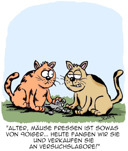 Cartoon: Heutzutage (medium) by Karsten Schley tagged tiere,haustiere,katzen,mäuse,tierversuche,verkaufen,ernährung,business,forschung,wissenschaft,tiere,haustiere,katzen,mäuse,tierversuche,verkaufen,ernährung,business,forschung,wissenschaft