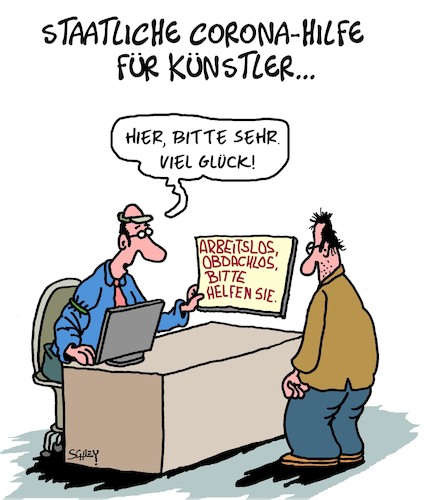 Cartoon: Hilfe für Künstler (medium) by Karsten Schley tagged corona,regierung,unterstützung,kunst,künstler,jobs,arbeitslosigkeit,geld,politik,corona,regierung,unterstützung,kunst,künstler,jobs,arbeitslosigkeit,geld,politik