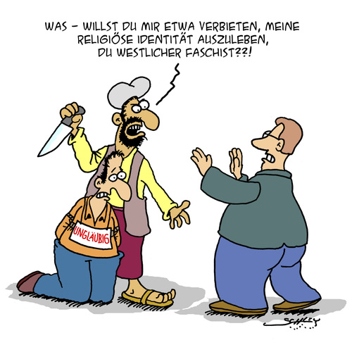 Cartoon: Identität (medium) by Karsten Schley tagged religion,religionsfreiheit,fundamentalismus,faschismus,religionsfaschismus,kulturen,mentalität,europa,einwanderung,glaube,laizismus,meinungsfreiheit,religion,religionsfreiheit,fundamentalismus,faschismus,religionsfaschismus,kulturen,mentalität,europa,einwanderung,glaube,laizismus,meinungsfreiheit