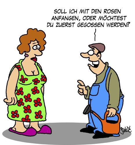 Cartoon: Im Garten (medium) by Karsten Schley tagged blumen,pflanzen,rosen,gärtnern,ehe,liebe,männer,frauen,gesellschaft,natur,blumen,pflanzen,rosen,gärtnern,ehe,liebe,männer,frauen,gesellschaft,natur