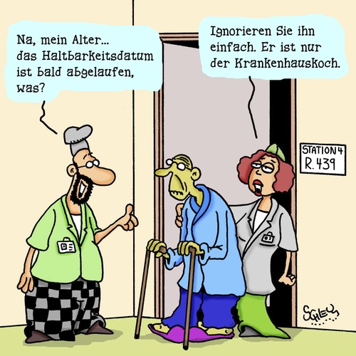 Cartoon: Im Krankenhaus (medium) by Karsten Schley tagged gesundheit,krankenhäuser,medizin,krankenschwestern,pflege,pflegepersonal,alter,patienten,ernährung,köche,soziales,gesundheit,krankenhäuser,medizin,krankenschwestern,pflege,pflegepersonal,alter,patienten,ernährung,köche,soziales