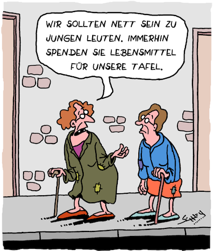 Cartoon: Immerhin (medium) by Karsten Schley tagged alter,renten,rentner,altersarmut,jugend,tafeln,suppenküchen,geld,gesellschaft,politik,alter,renten,rentner,altersarmut,jugend,tafeln,suppenküchen,geld,gesellschaft,politik