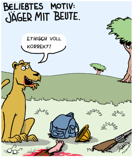 Cartoon: Jäger (medium) by Karsten Schley tagged großwildjäger,beute,tiere,natur,tod,trophäen,angeber,bilder,safaris,großwildjäger,beute,tiere,natur,tod,trophäen,angeber,bilder,safaris