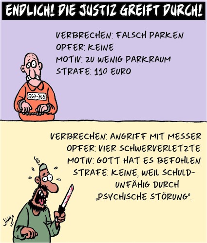 Cartoon: Justiz greift durch! (medium) by Karsten Schley tagged justiz,gesetze,rechtsprechung,straßenverkehr,messerstecher,schuldfähigkeit,psychologie,politik,immigration,gesellschaft,justiz,gesetze,rechtsprechung,straßenverkehr,messerstecher,schuldfähigkeit,psychologie,politik,immigration,gesellschaft