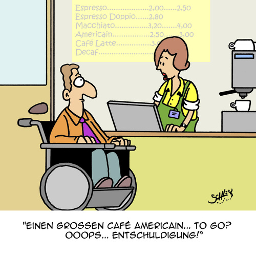 Cartoon: Kaffee to Go (medium) by Karsten Schley tagged kaffee,verkäufer,gastronomie,behinderungen,rollstuhlfahrer,gesundheit,kunden,wirtschaft,business,kaffee,verkäufer,gastronomie,behinderungen,rollstuhlfahrer,gesundheit,kunden,wirtschaft,business