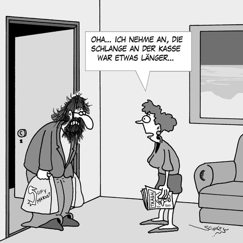 Cartoon: Kassenschlange (medium) by Karsten Schley tagged einkaufen,supermärkte,männer,frauen,warten,gesellschaft,geld,liebe,ehe,familie,shopping,einkaufen,supermärkte,männer,frauen,warten,gesellschaft,geld,liebe,ehe,familie,shopping