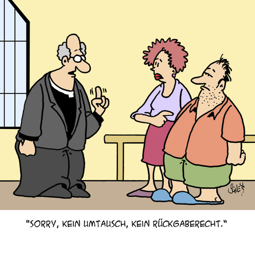 Cartoon: Kein Umtausch!! (medium) by Karsten Schley tagged ehe,liebe,kirche,religion,männer,frauen,heirat,kundenrechte,business,wirtschaft,umtausch,gesellschaft,ehe,liebe,kirche,religion,männer,frauen,heirat,kundenrechte,business,wirtschaft,umtausch,gesellschaft