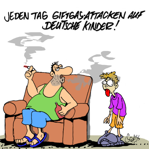 Cartoon: Kinder im Giftgas (medium) by Karsten Schley tagged gesundheit,deutschland,raucher,familien,kinder,jugend,krankheiten,sucht,drogen,soziales,gesellschaft,gesundheit,deutschland,raucher,familien,kinder,jugend,krankheiten,sucht,drogen,soziales,gesellschaft