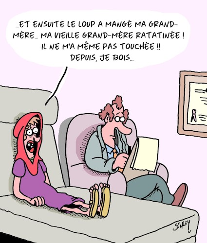 Cartoon: Le grand mechant loup (medium) by Karsten Schley tagged contes,de,fees,litterature,films,medias,divertissement,psychiatres,femmes,chaperon,rouge,societe,contes,de,fees,litterature,films,medias,divertissement,psychiatres,femmes,chaperon,rouge,societe