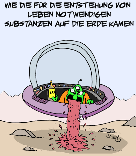 Cartoon: Leben auf der Erde (medium) by Karsten Schley tagged leben,erde,außerirdische,biologie,urknall,prähistorisches,menschheit,säugetiere,religionen,leben,erde,außerirdische,biologie,urknall,prähistorisches,menschheit,säugetiere,religionen