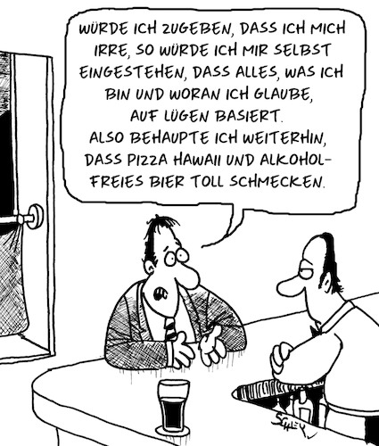 Cartoon: Lebenslügen (medium) by Karsten Schley tagged lebenslügen,philosophie,bars,kneipen,persönlichkeit,selbstwertgefühl,geständnisse,glaube,leben,lebenslügen,philosophie,bars,kneipen,persönlichkeit,selbstwertgefühl,geständnisse,glaube,leben