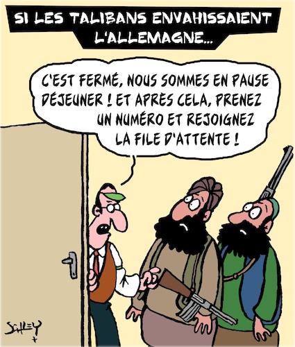 Cartoon: Les Talibans en Allemagne (medium) by Karsten Schley tagged bureaucracy,talibans,allemagne,afghanistan,islam,terrorisme,politique,societe,bureaucracy,talibans,allemagne,afghanistan,islam,terrorisme,politique,societe