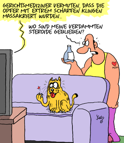 Cartoon: Massaker (medium) by Karsten Schley tagged steroide,gesundheit,doping,drogen,gesetze,justiz,illegalität,katzen,bodybuilding,fitness,körperkult,gesellschaft,steroide,gesundheit,doping,drogen,gesetze,justiz,illegalität,katzen,bodybuilding,fitness,körperkult,gesellschaft