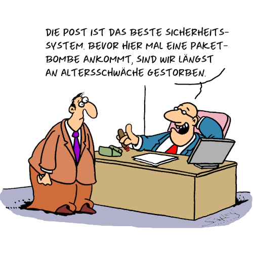 Cartoon: Mit Sicherheit (medium) by Karsten Schley tagged paketbomben,post,geschwindigkeit,paketzustellung,sicherheit,kriminalität,politik,servicequalität,beamte,wirtschaft,transport,paketbomben,post,geschwindigkeit,paketzustellung,sicherheit,kriminalität,politik,servicequalität,beamte,wirtschaft,transport