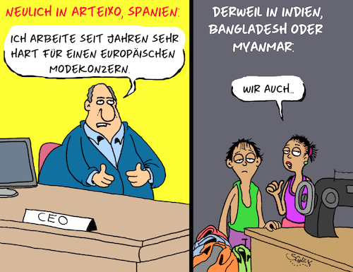 Cartoon: Mode-Konzern (medium) by Karsten Schley tagged kinderarbeit,kapitalismus,ausbeutung,menschenrechte,modekonzerne,zara,profite,gesellschaft,billig,geld,kinderarbeit,kapitalismus,ausbeutung,menschenrechte,modekonzerne,zara,profite,gesellschaft,billig,geld