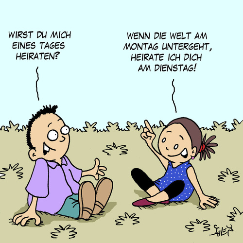 Cartoon: Montag (medium) by Karsten Schley tagged kindheit,mädchen,jungs,kinder,weltuntergang,jugend,liebe,heiraten,heiraten,liebe,jugend,weltuntergang,kinder,jungs,mädchen,kindheit