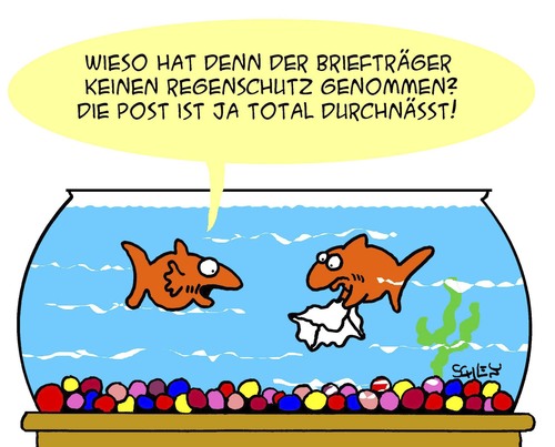 Cartoon: Nass (medium) by Karsten Schley tagged natur,haustiere,kommunikation,postzusteller,tiere,wetter,post,wetter,tiere,postzusteller,kommunikation,haustiere,natur,fische,fisch