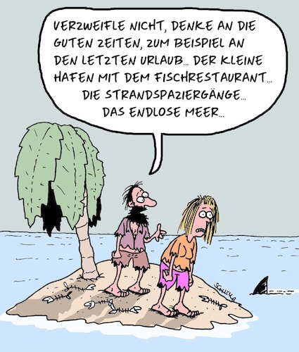 Cartoon: Nicht verzweifeln! (medium) by Karsten Schley tagged inseln,schiffbruch,einsamkeit,urlaub,strand,meer,fisch,männer,frauen,beziehungen,inseln,schiffbruch,einsamkeit,urlaub,strand,meer,fisch,männer,frauen,beziehungen