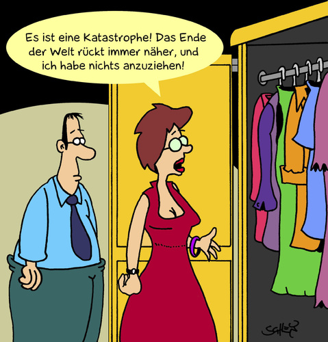 Cartoon: Nichts anzuziehen (medium) by Karsten Schley tagged mayaprophezeihung,welt,katastrophe,aberglaube,ende,der,frauen,mode,katastrophe,aberglaube,apokalypse,frauen,kleidung,fashion