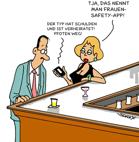 Cartoon: Nützliche App (medium) by Karsten Schley tagged handys,smartphones,iphones,frauen,männer,beziehungen,bars,pubs,technik,apps,schulden,einkommen,geld,gesellschaft,deutschland,lifestyle,gastronomie,handys,smartphones,iphones,frauen,männer,beziehungen,bars,pubs,technik,apps,schulden,gesellschaft,geld