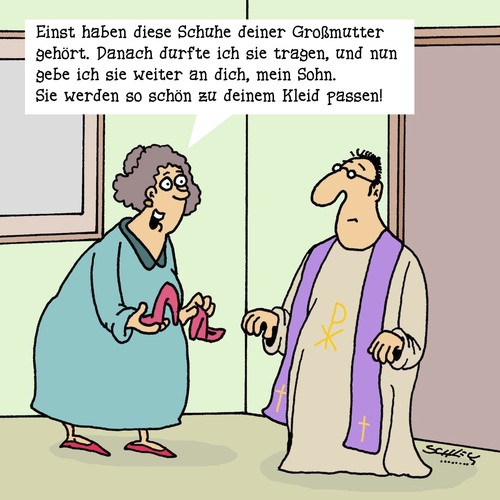 Cartoon: Passt schon! (medium) by Karsten Schley tagged familien,traditionen,kleidung,mode,schuhe,mütter,söhne,großmütter,religion,priester,familien,traditionen,kleidung,mode,schuhe,mütter,söhne,großmütter,religion,priester