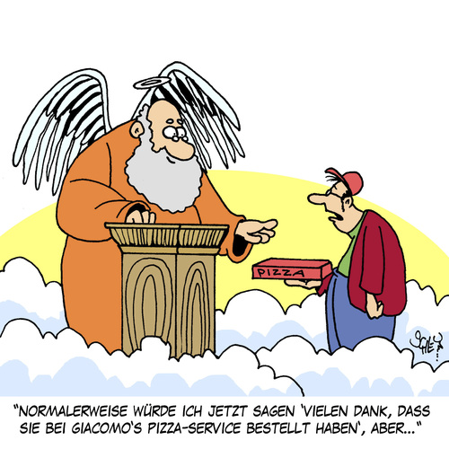 Cartoon: PIZZA IST DA!! (medium) by Karsten Schley tagged ernährung,essen,lieferservice,pizza,fastfood,himmel,leben,tod,christentum,religion,jobs,wirtschaft,kundenservice,gott,glaube,bibel,ernährung,essen,lieferservice,pizza,fastfood,himmel,leben,tod,christentum,religion,jobs,wirtschaft,kundenservice,gott,glaube,bibel