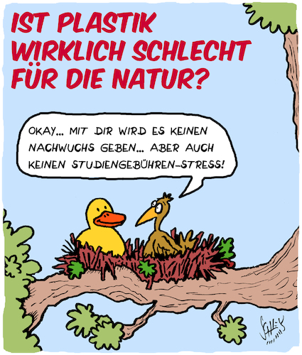 Cartoon: Plastik (medium) by Karsten Schley tagged natur,umwelt,umweltzerstörung,plastik,wald,tiere,fortpflanzung,bildung,nachwuchs,studiengebühren,geld,gesellschaft,natur,umwelt,umweltzerstörung,plastik,wald,tiere,fortpflanzung,bildung,nachwuchs,studiengebühren,geld,gesellschaft