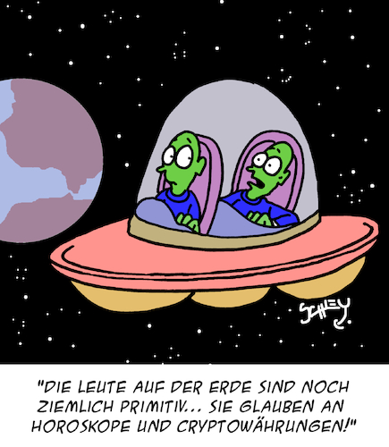 Cartoon: Primitiv (medium) by Karsten Schley tagged aberglaube,wirtschaft,geld,spekulation,cryptowährungen,aliens,raumfahrt,scifi,gesellschaft,aberglaube,wirtschaft,geld,spekulation,cryptowährungen,aliens,raumfahrt,scifi,gesellschaft