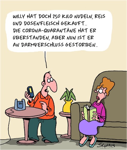 Cartoon: Quarantäne-Überlebender (medium) by Karsten Schley tagged corona,quarantäne,gesundheit,gesellschaft,deutschland,europa,ernährung,hamsterkäufe,tod,corona,quarantäne,gesundheit,gesellschaft,deutschland,europa,ernährung,hamsterkäufe,tod