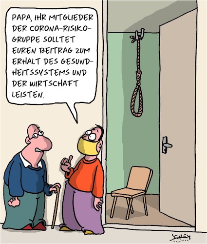 Cartoon: Risikogruppe (medium) by Karsten Schley tagged covid19,coronavirus,alter,senioren,risiko,gesundheit,wirtschaft,gesellschaft,politik,covid19,coronavirus,alter,senioren,risiko,gesundheit,wirtschaft,gesellschaft,politik