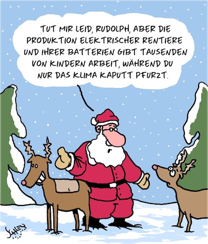 Cartoon: Santa rettet das Klima! (medium) by Karsten Schley tagged weihnachten,klimaschutz,tiere,rentiere,elektrizität,umwelt,politik,feiertage,gesellschaft,religion,weihnachten,klimaschutz,tiere,rentiere,elektrizität,umwelt,politik,feiertage,gesellschaft,religion