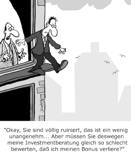 Cartoon: Schlechte Bewertung (medium) by Karsten Schley tagged investments,investmentberatung,gewinne,verluste,bewertungen,rating,boni,business,wirtschaft,investments,investmentberatung,gewinne,verluste,bewertungen,rating,boni,business,wirtschaft