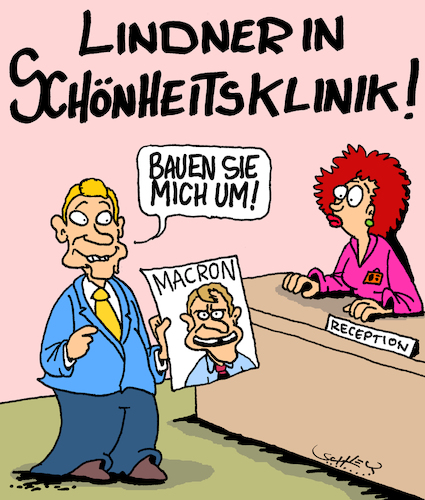 Cartoon: Schönheits-Klinik (medium) by Karsten Schley tagged lindner,macron,medizin,gesundheit,operationen,fdp,ärzte,politik,vorbilder,wahlen,gesellschaft,frankreich,deutschland,europa,lindner,macron,medizin,gesundheit,operationen,fdp,ärzte,politik,vorbilder,wahlen,gesellschaft,frankreich,deutschland,europa