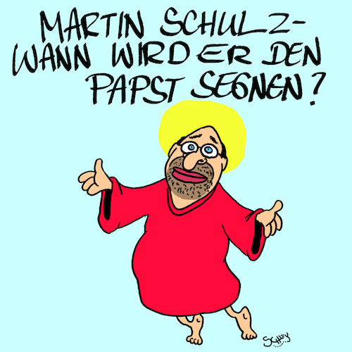 Cartoon: Segnung (medium) by Karsten Schley tagged schulz,spd,messias,religion,politik,wahlkampf,papst,deutschland,segen,europa,schulz,spd,messias,religion,politik,wahlkampf,papst,deutschland,segen,europa