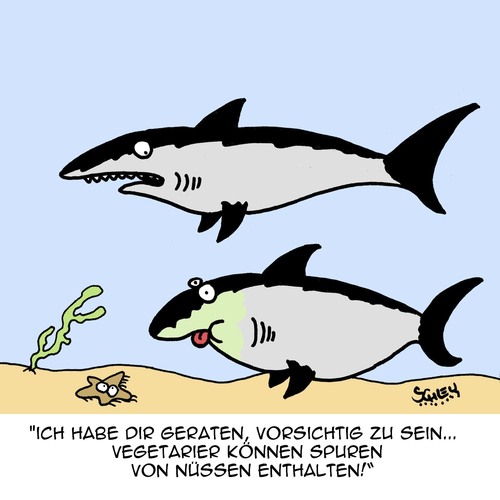 Cartoon: Sei vorsichtig!!! (medium) by Karsten Schley tagged ernährung,vegetarier,gesundheit,lebensmittel,lebenmittelallergien,natur,tiere,ozeane,haie,ernährung,vegetarier,gesundheit,lebensmittel,lebenmittelallergien,natur,tiere,ozeane,haie