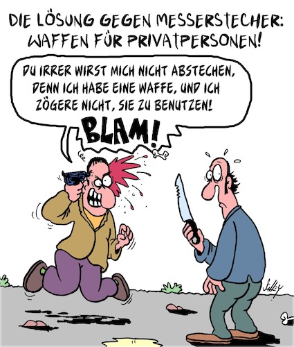 Cartoon: Selbstverteidigung (medium) by Karsten Schley tagged amokläufer,messerstecher,kriminalität,selbstverteidigung,waffen,gewalt,medien,politik,gesellschaft,amokläufer,messerstecher,kriminalität,selbstverteidigung,waffen,gewalt,medien,politik,gesellschaft