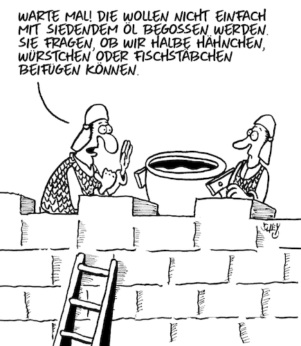 Cartoon: Siedendes Öl (medium) by Karsten Schley tagged krieg,mittelalter,belagerung,militär,soldaten,festungen,geschichte,ernährung,fastfood,kultur,krieg,mittelalter,belagerung,militär,soldaten,festungen,geschichte,ernährung,fastfood,kultur