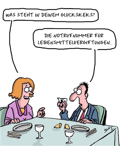 Cartoon: So ein Glück! (medium) by Karsten Schley tagged restaurants,glückskekse,gesundheit,lebensmittel,ernährung,gesellschaft,notruf,restaurants,glückskekse,gesundheit,lebensmittel,ernährung,gesellschaft,notruf