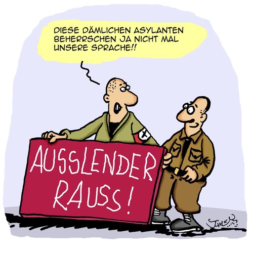 Cartoon: Sprache (medium) by Karsten Schley tagged flüchtlinge,asyl,politik,gesellschaft,nationalismus,faschismus,rechtsradikalismus,deutschland,europa,flüchtlinge,asyl,politik,gesellschaft,nationalismus,faschismus,rechtsradikalismus,deutschland,europa