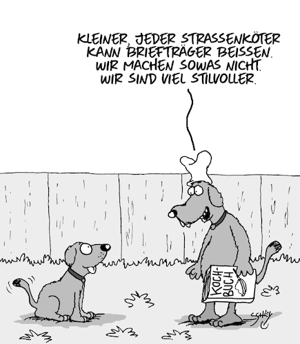 Cartoon: Stilvoll (medium) by Karsten Schley tagged postzusteller,hunde,hundebisse,tiere,haustiere,rezepte,stil,kochen,ernährung,kultur,gesellschaft,postzusteller,hunde,hundebisse,tiere,haustiere,rezepte,stil,kochen,ernährung,kultur,gesellschaft