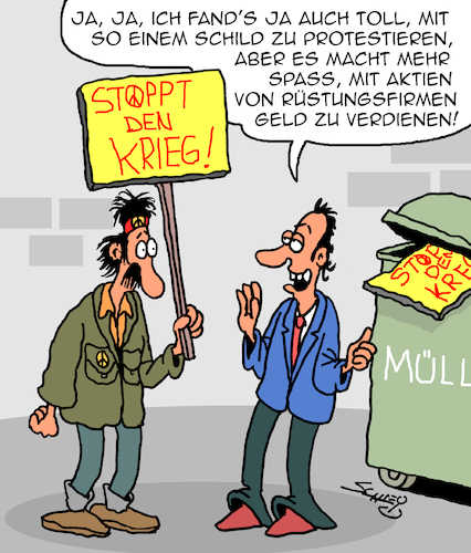 Cartoon: Stoppt den Krieg (medium) by Karsten Schley tagged krieg,protest,aktien,aktiengewinne,rüstungsindustrie,wirtschaft,business,politik,gesellschaft,krieg,protest,aktien,aktiengewinne,rüstungsindustrie,wirtschaft,business,politik,gesellschaft