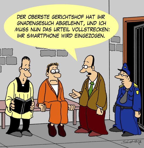 Cartoon: Strafvollzug (medium) by Karsten Schley tagged gesetze,recht,rechtsprechung,bundesgerichtshof,smartphones,technik,gesetze,recht,rechtsprechung,bundesgerichtshof,smartphones,technik