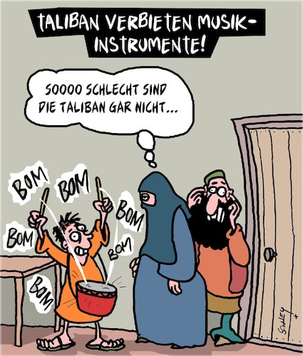 Cartoon: Taliban verbieten Musik (medium) by Karsten Schley tagged musik,instrumente,untergaltung,religion,islam,sharia,taliban,afghanistan,kinder,eltern,erziehung,politik,gesellschaft,musik,instrumente,untergaltung,religion,islam,sharia,taliban,afghanistan,kinder,eltern,erziehung,politik,gesellschaft