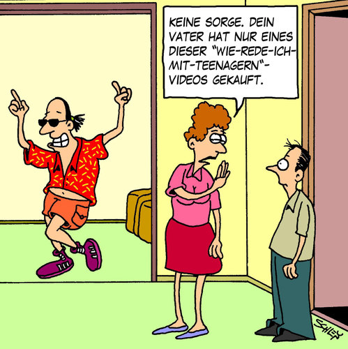 Cartoon: Teenager (medium) by Karsten Schley tagged mann,männer,teenager,gesellschaft,kommunikation,mann,männer,teenager,gesellschaft,kommunikation,familie,eltern,kinder,hip,jugend,alter,altern,krise,identität,midlife crisis,wechseljahre,midlife,crisis,vater,sohn