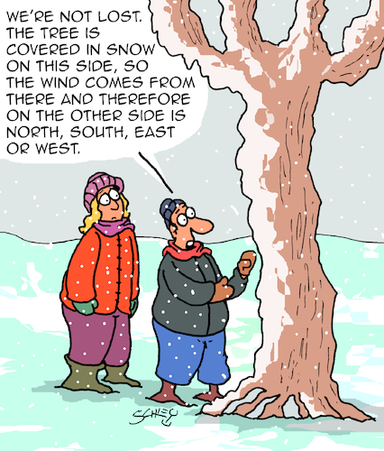 Cartoon: That makes sense! (medium) by Karsten Schley tagged winter,snow,weather,orientation,logic,women,men,nature,society,winter,snow,weather,orientation,logic,women,men,nature,society