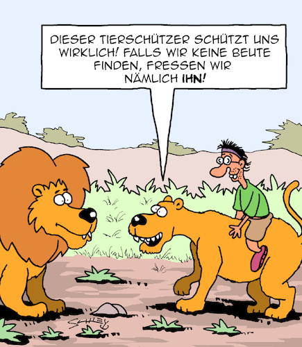 Cartoon: Tierschutz (medium) by Karsten Schley tagged natur,tiere,raubtiere,tierschützer,beute,umwelt,politik,gesellschaft,natur,tiere,raubtiere,tierschützer,beute,umwelt,politik,gesellschaft