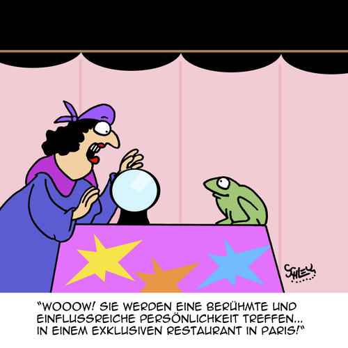 Cartoon: Tolle Zukunft!! (medium) by Karsten Schley tagged gastronomie,wahrsager,aberglaube,jobs,business,restaurants,ernährung,ruhm,paris,tiere,frösche,gastronomie,wahrsager,aberglaube,jobs,business,restaurants,ernährung,ruhm,paris,tiere,frösche