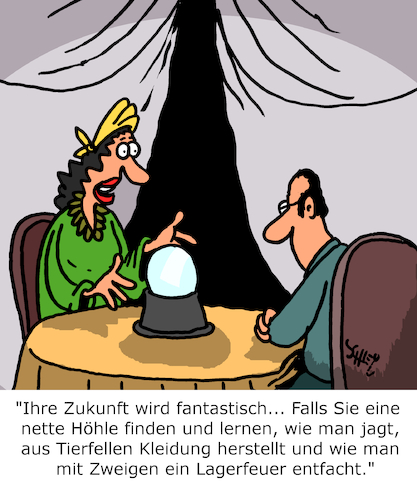 Cartoon: Tolle Zukunft! (medium) by Karsten Schley tagged zukunft,wahrsager,wohnraum,kleidung,wärme,ernährung,menschheit,gesellschaft,zukunft,wahrsager,wohnraum,kleidung,wärme,ernährung,menschheit,gesellschaft