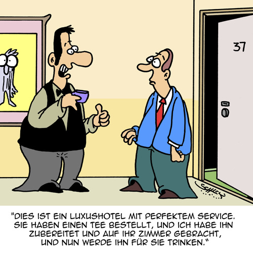 Cartoon: Totaler Luxus (medium) by Karsten Schley tagged luxus,hotels,gastronomie,essen,trinken,service,kunden,gäste,reisen,tourismus,jobs,business,wirtschaft,luxus,hotels,gastronomie,essen,trinken,service,kunden,gäste,reisen,tourismus,jobs,business,wirtschaft